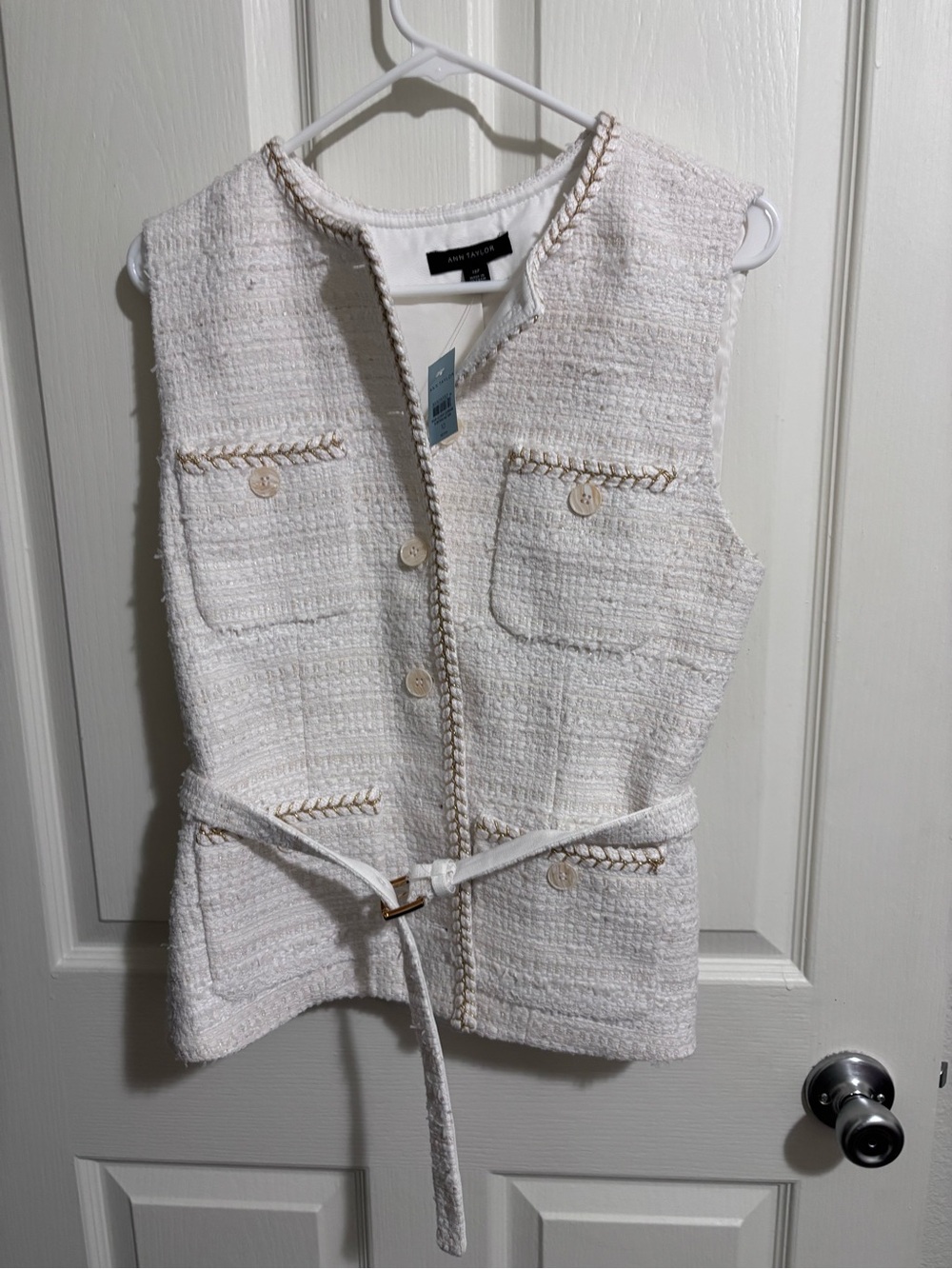 Ann Taylor Cream Tweed Sleeveless Belted Vest